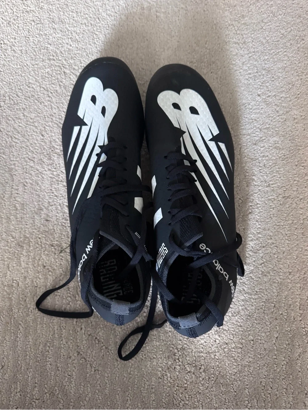 New Balance Black metal track cleats with White Logo 11sz